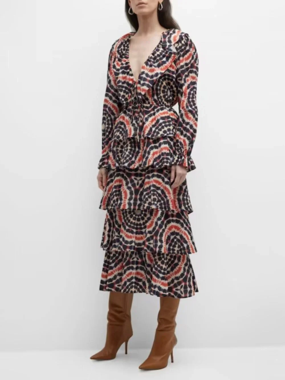 MARIE OLIVER Blythe Midi‎ Dress in Mandala Tie-Dye maxi Flowy tiered ruffles V